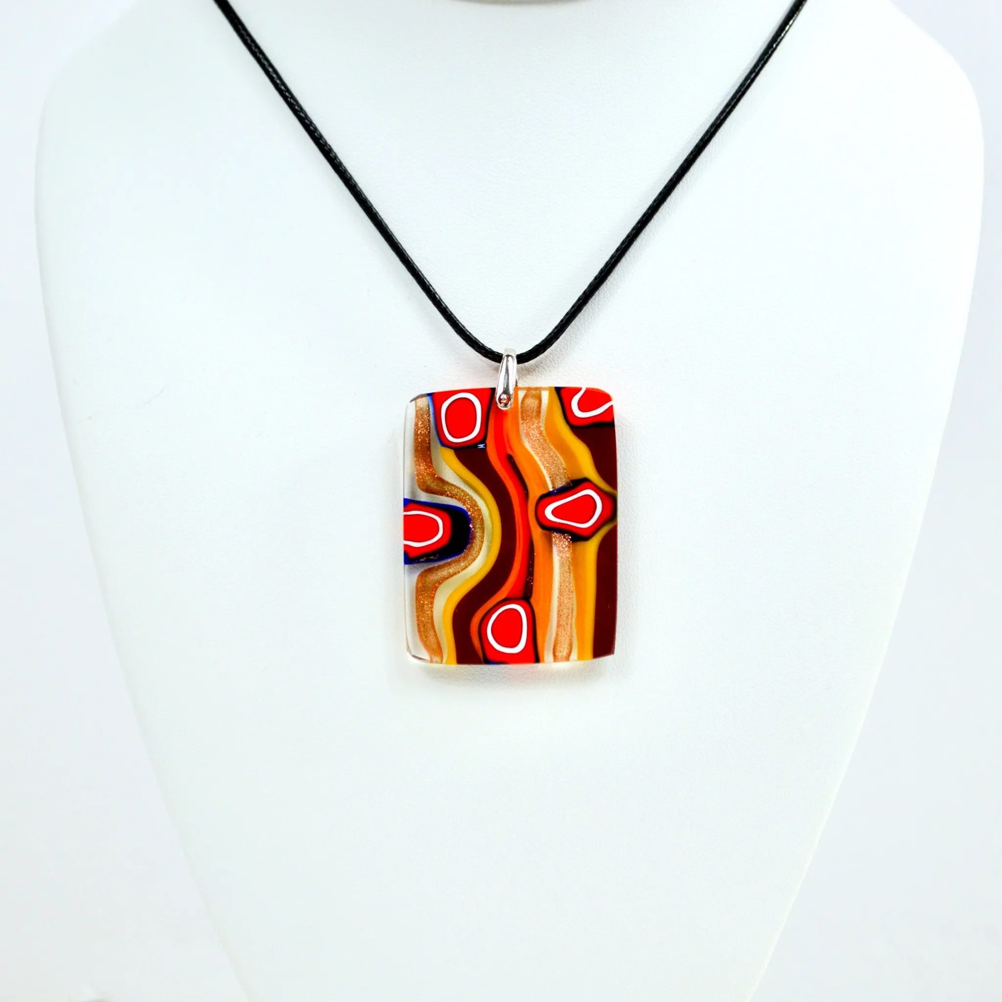 Murano Glass Millefiori Mosaic Rectangle Pendant, Red-Orange, Made in Italy