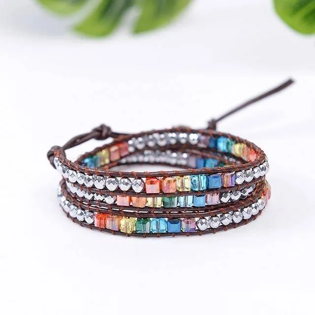 Natural Stone Handmade Chakra Leather Wrap Crystal Bracelet