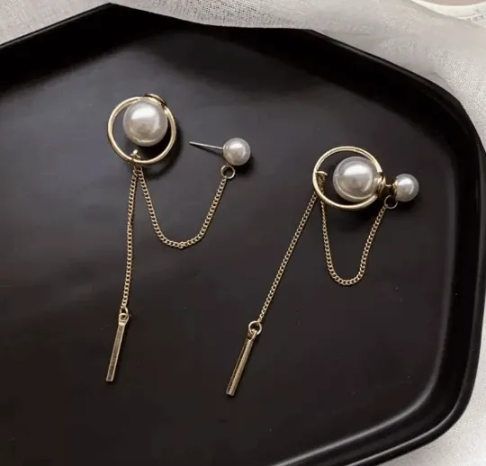 Pearl - Large pearl stud earrings with golden chain and bar | tassel chains drop earrings | modern retro earrings | Korean style earrings