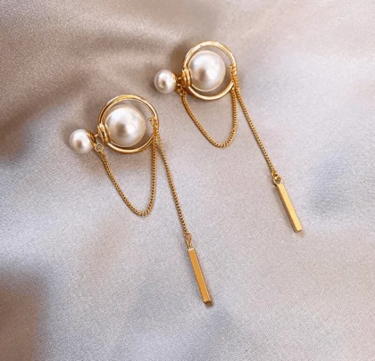 Pearl - Large pearl stud earrings with golden chain and bar | tassel chains drop earrings | modern retro earrings | Korean style earrings