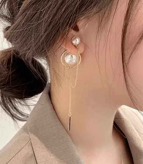 Pearl - Large pearl stud earrings with golden chain and bar | tassel chains drop earrings | modern retro earrings | Korean style earrings