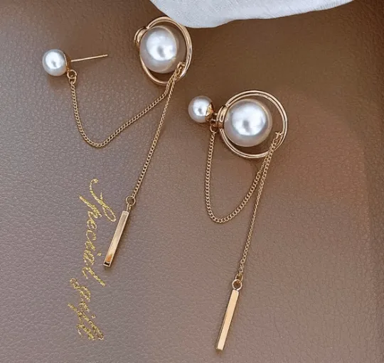 Pearl - Large pearl stud earrings with golden chain and bar | tassel chains drop earrings | modern retro earrings | Korean style earrings