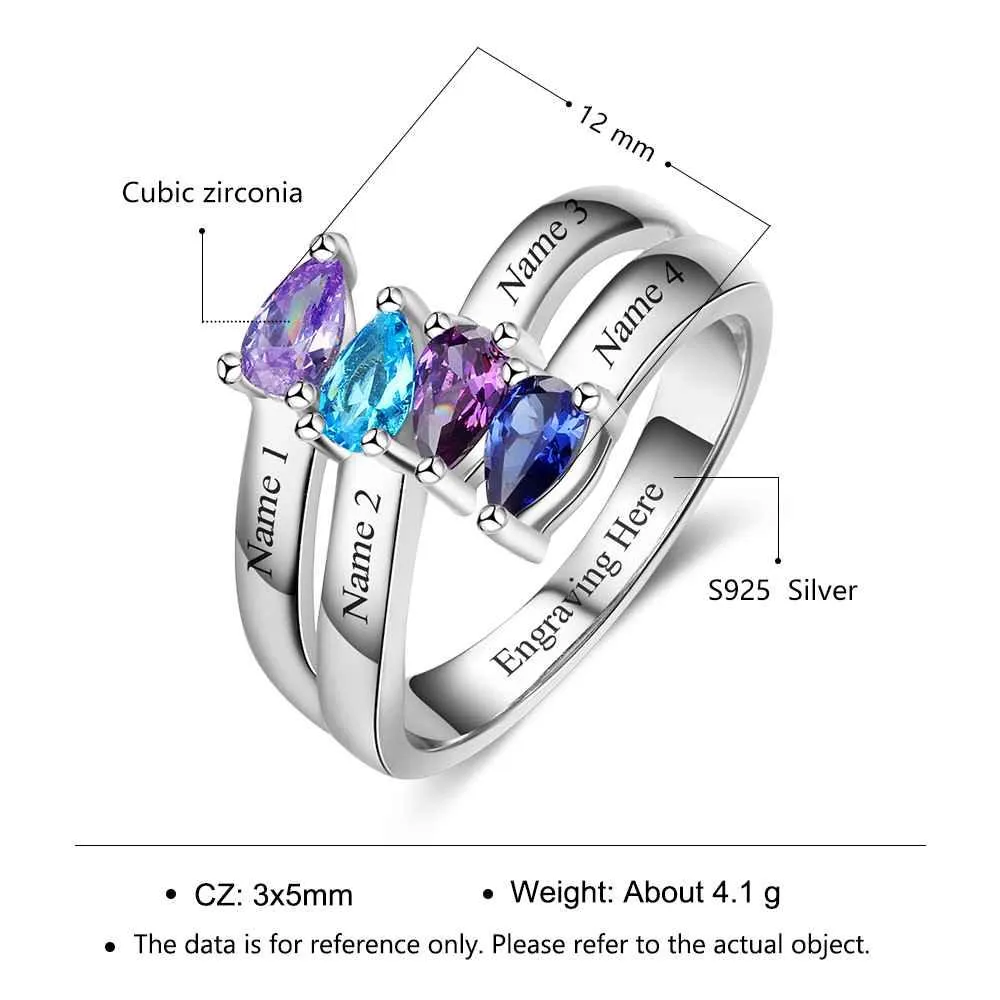 Personalized 925 Sterling Silver Jewelry Engraved 4 Names Sister Birthstone Rings