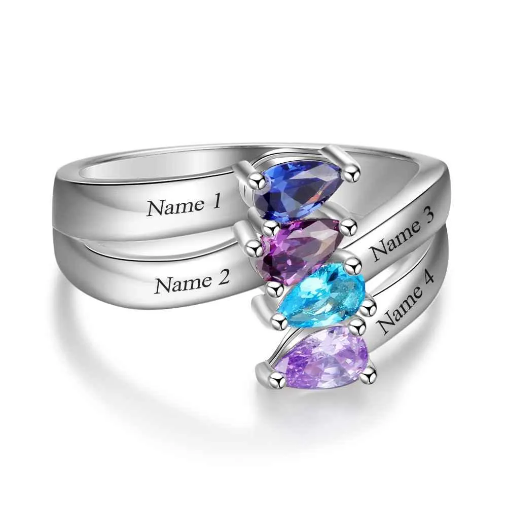 Personalized 925 Sterling Silver Jewelry Engraved 4 Names Sister Birthstone Rings