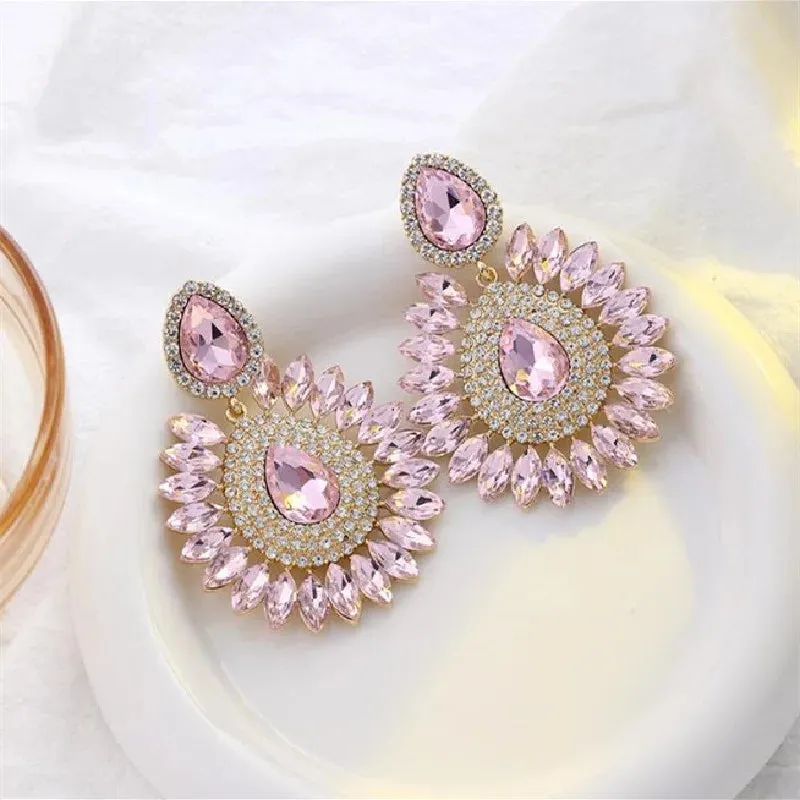 Pink Flower Crystal Rhinestone Water Drop Earrings Geometric Fashion Jewelry for Women