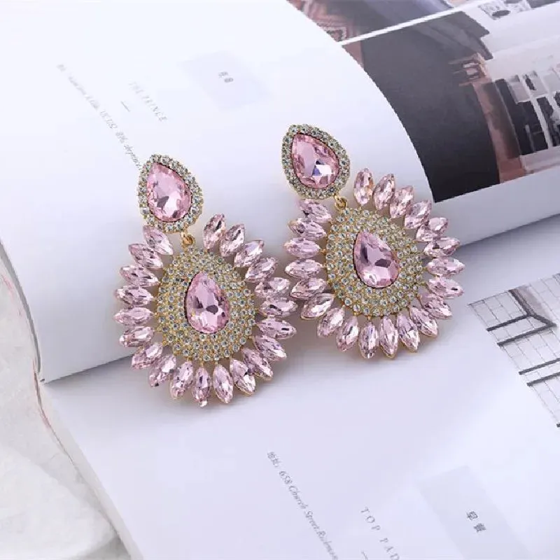 Pink Flower Crystal Rhinestone Water Drop Earrings Geometric Fashion Jewelry for Women