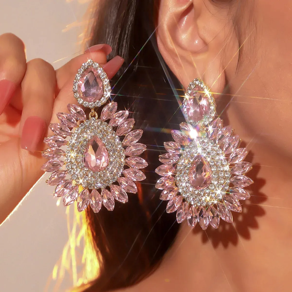 Pink Flower Crystal Rhinestone Water Drop Earrings Geometric Fashion Jewelry for Women