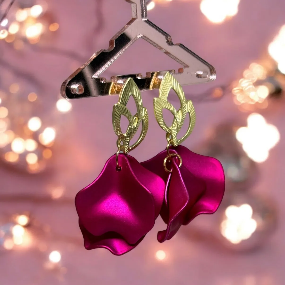 Pink - Fuchsia pink flower earrings | dangly gold earrings | frosted petals hoop statement | golden geometric floral bridal party earrings