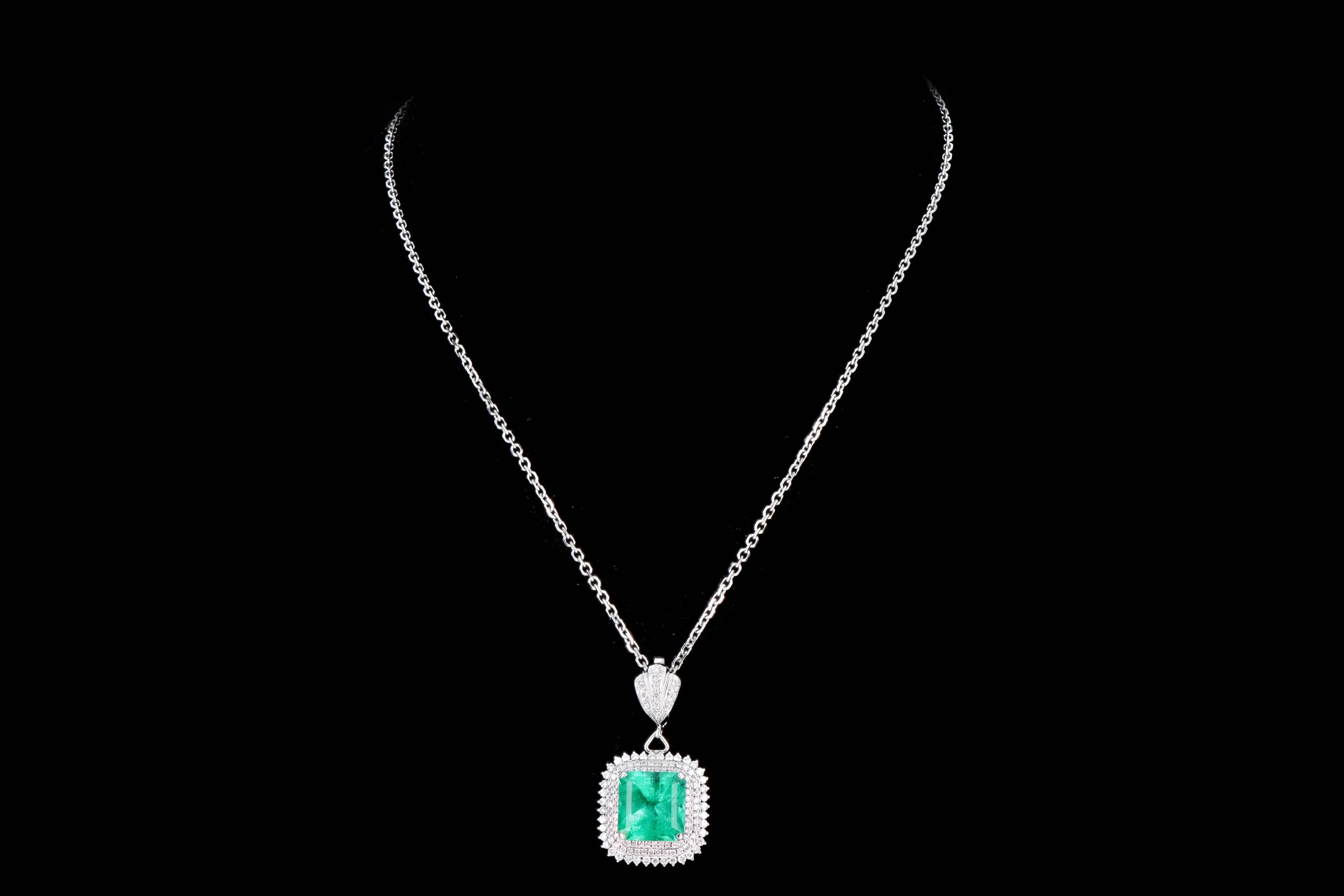 Platinum 9.54 Carat Natural Colombian Emerald & Diamond Halo Pendant Necklace GIA Certified