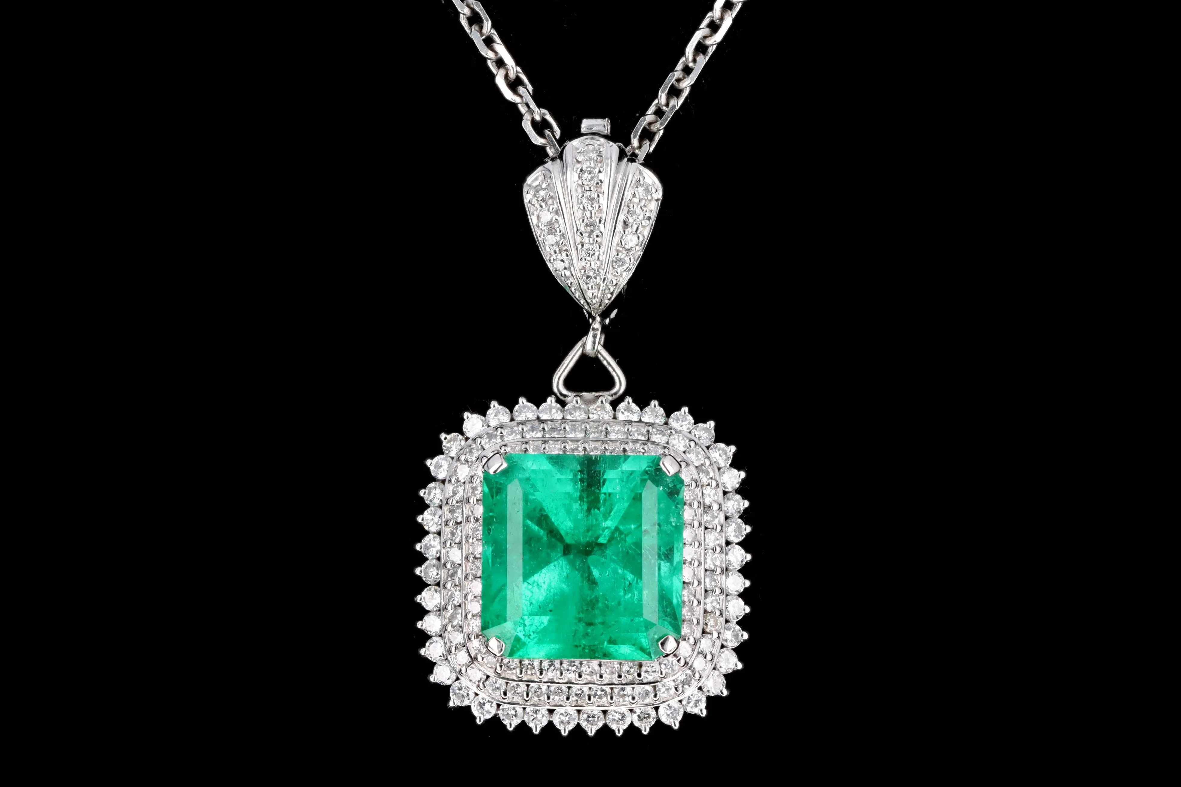 Platinum 9.54 Carat Natural Colombian Emerald & Diamond Halo Pendant Necklace GIA Certified