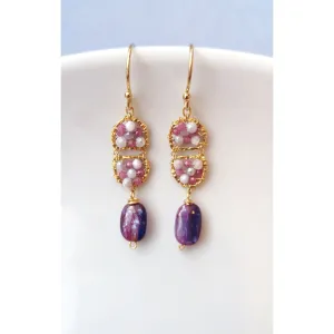 Plum Double Scallop Earrings 4617 with Pink Sapphire, Lavender Coated Moonstone, and Purple Mystic Kyanite Drops by Michelle Pressler Jewelry