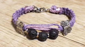 Purple Natural Hemp Bracelet with Lava Rocks and Silver Plated Butterly Accents. Adjustable Non Tarnish Chain with Lobster Claw Clasp