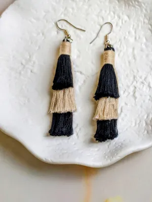 "Sophia" Beige & Black 2 Colour 3 Tiered Tassel Earrings Silver Plated