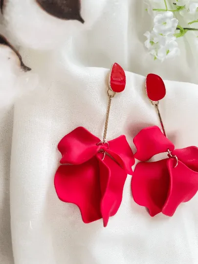 Red - Hot christmas red flower earrings | dangle petals golden bar baroque earrings | unique floral earrings | bridal party wedding earrings