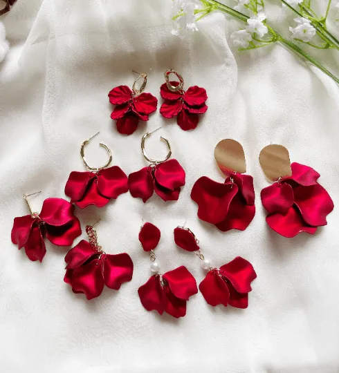 Red - Hot christmas red flower earrings | dangle petals golden bar baroque earrings | unique floral earrings | bridal party wedding earrings