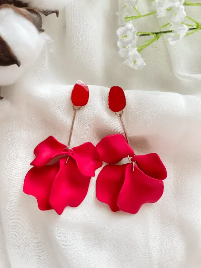 Red - Hot christmas red flower earrings | dangle petals golden bar baroque earrings | unique floral earrings | bridal party wedding earrings