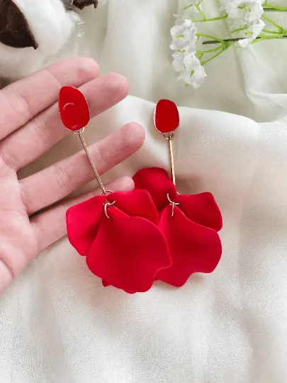 Red - Hot christmas red flower earrings | dangle petals golden bar baroque earrings | unique floral earrings | bridal party wedding earrings