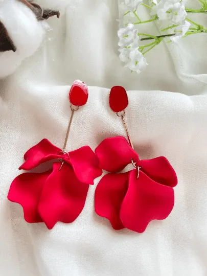 Red - Hot christmas red flower earrings | dangle petals golden bar baroque earrings | unique floral earrings | bridal party wedding earrings