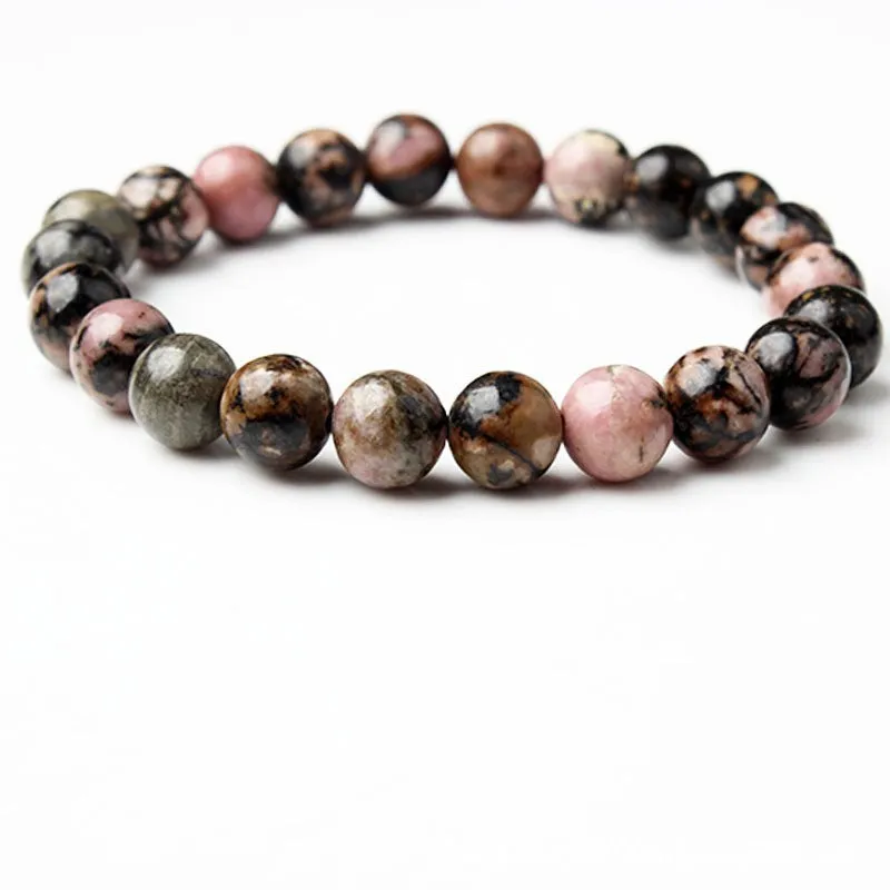 Rhodonite Beaded Bracelet Black Thread Rhodochrosite