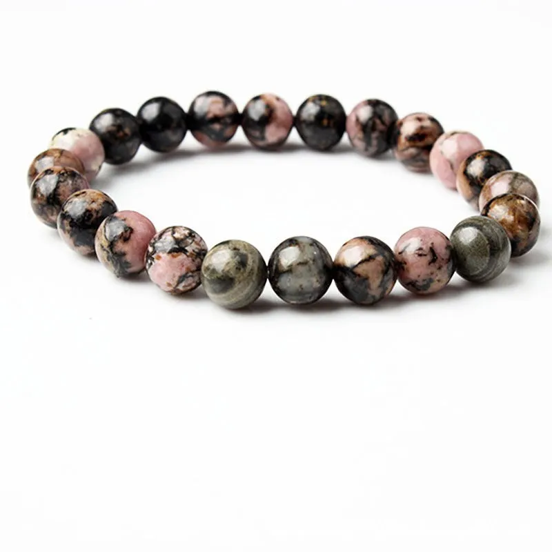 Rhodonite Beaded Bracelet Black Thread Rhodochrosite