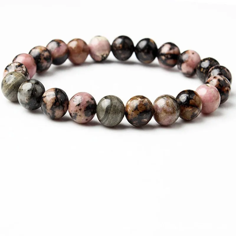 Rhodonite Beaded Bracelet Black Thread Rhodochrosite