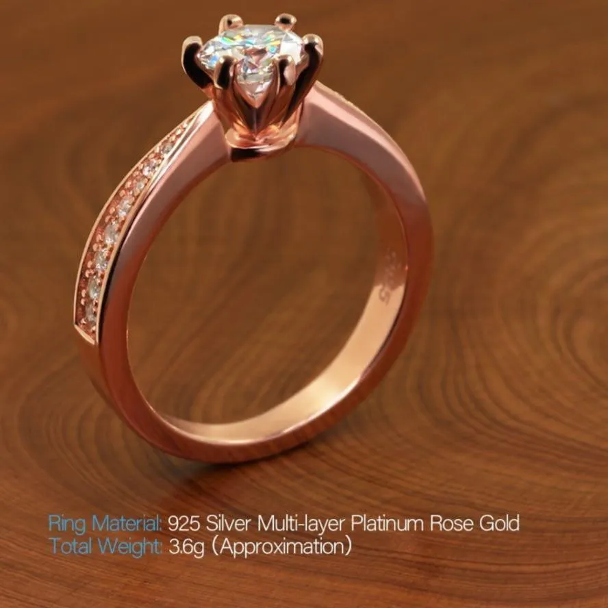 Rose Gold Colored Silver Moissanite Ring 1ct