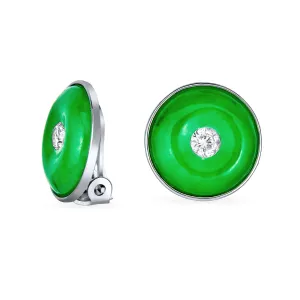 Round Disc Green Jade Clip-On Earrings with CZ Accent in Sterling Silver