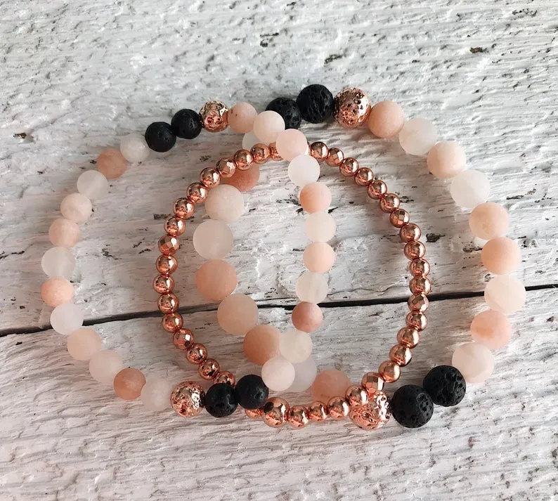 Set of 3 - Blush Aventurine, Rose Gold Lava Bead Bracelets