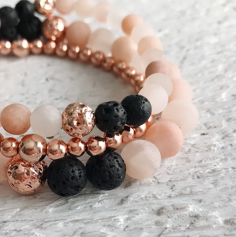 Set of 3 - Blush Aventurine, Rose Gold Lava Bead Bracelets