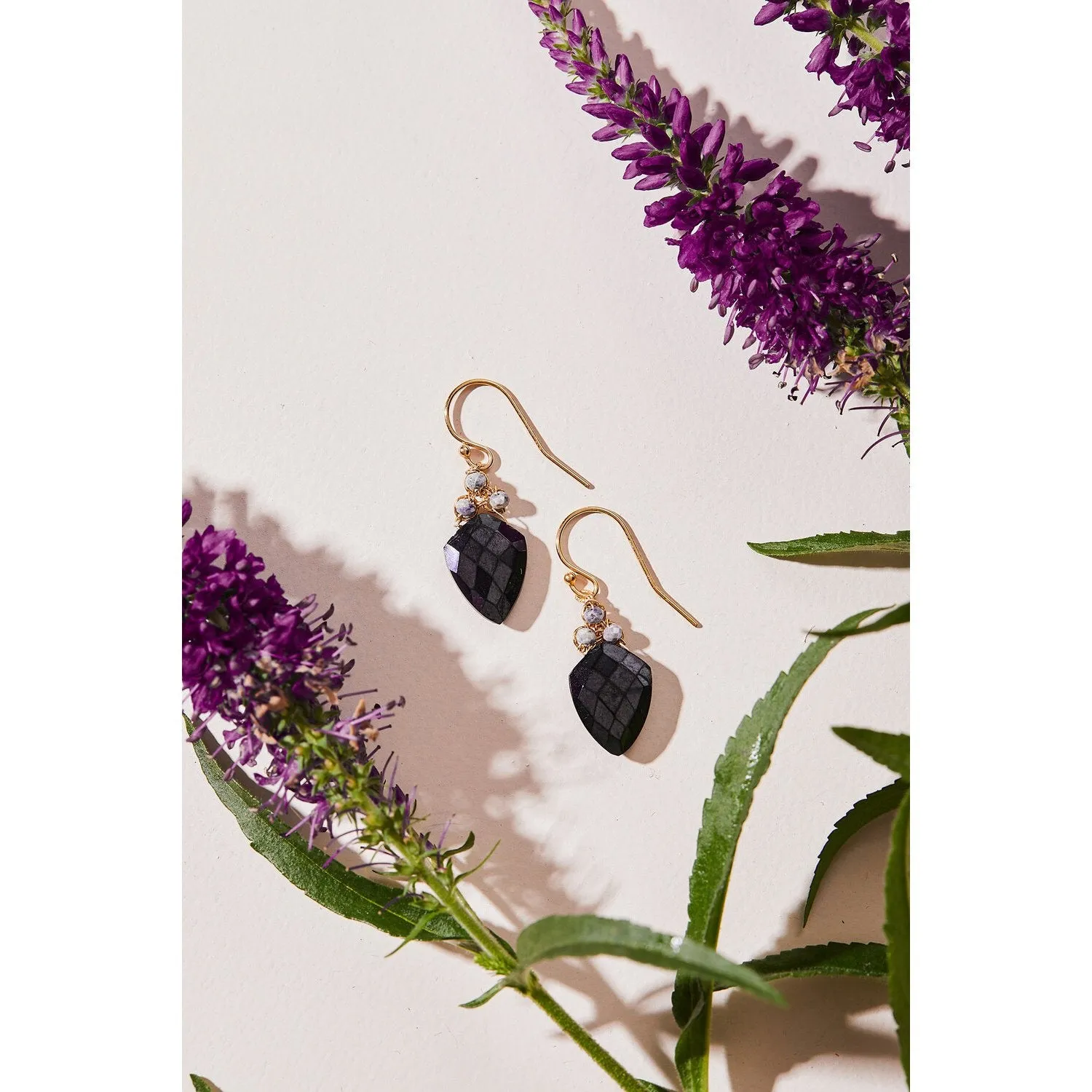 Shield Earrings 4801 with Faceted Black Spinel and Blue Silverite Beading by Michelle Pressler Jewelry