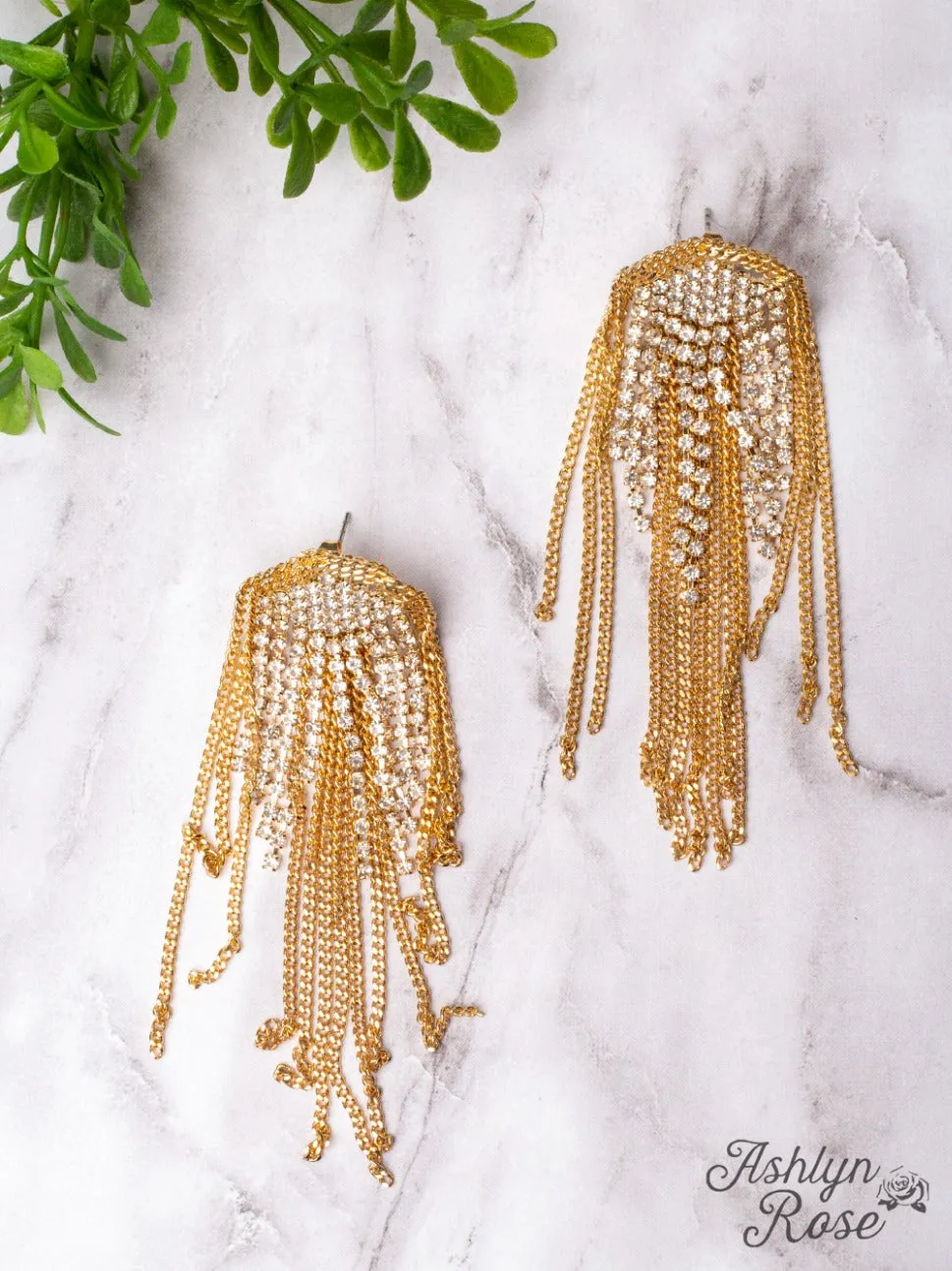 SHINE ALL NIGHT GOLD CRYSTAL CHAIN FRINGE EARRINGS