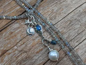 Silver Labradorite Necklace with White Edison Pearl, Crescent Moon & Star Pendant