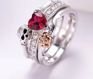 Skull Finger  female wedding rings set For Women Red Heart Crystal CZ Rose Flower Skeleton Gothic