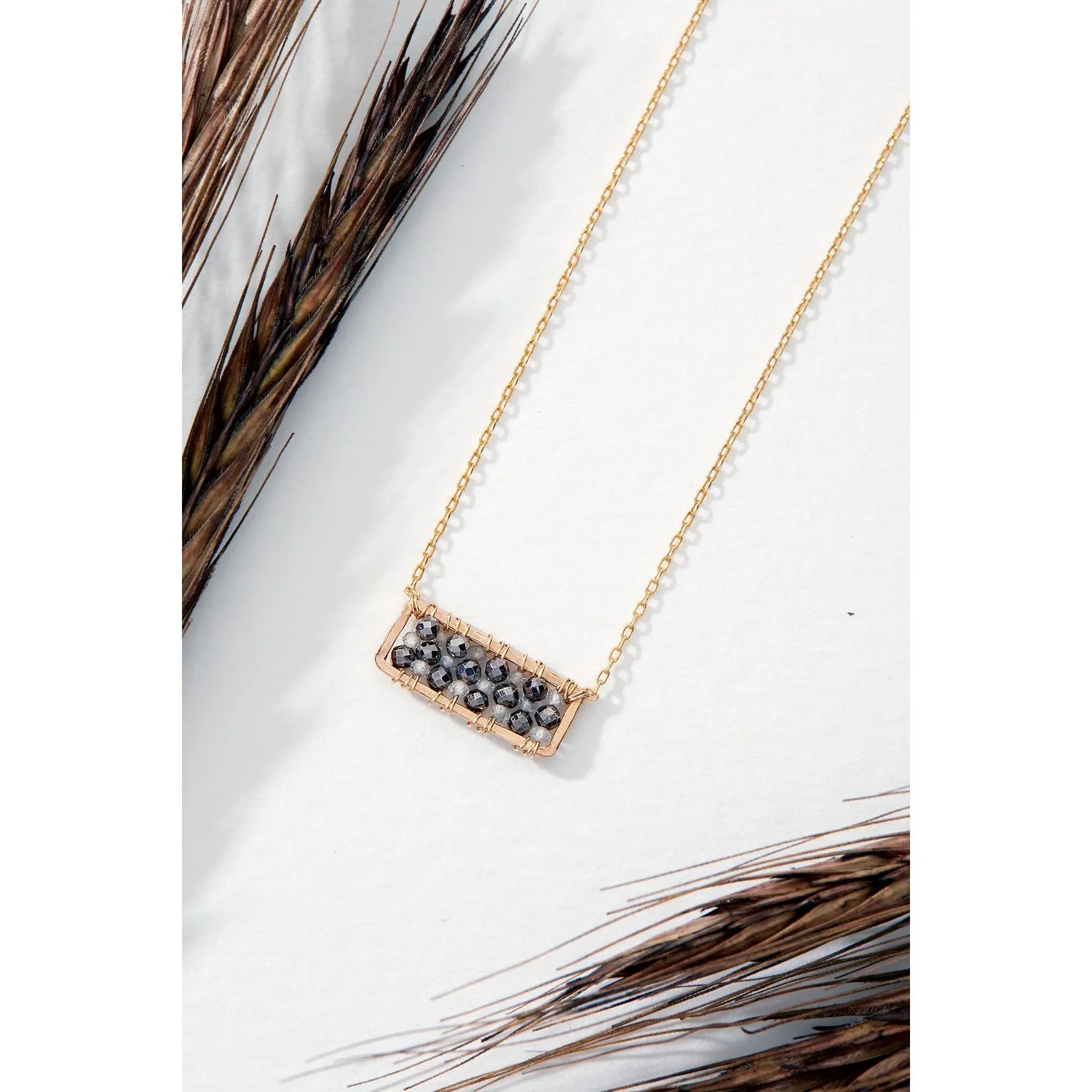 Small Beaded Bar Necklace 4233 with White Natural Zircon, and Pyrite by Michelle Pressler Jewelry