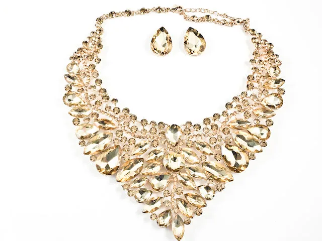 Stylish Detailed Mix Stones & Shape Sharp Floral Pattern Light Brown Color Crystals Earring Necklace Fashion Set