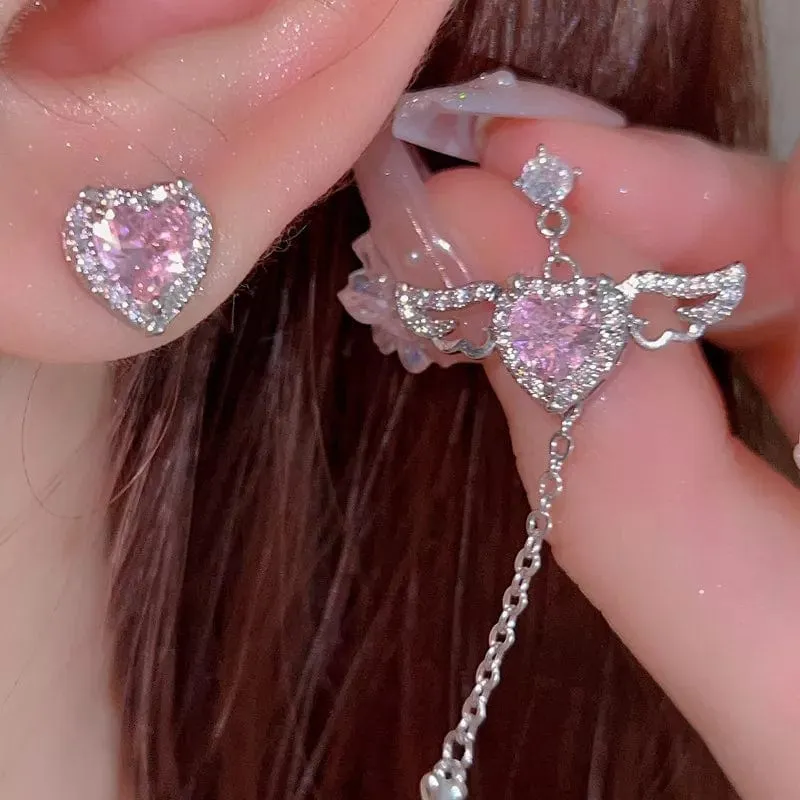 Sweet Chic Pink Crystal Cupid Heart Wings Earrings