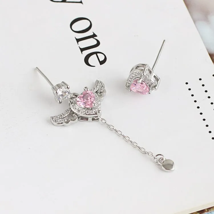 Sweet Chic Pink Crystal Cupid Heart Wings Earrings