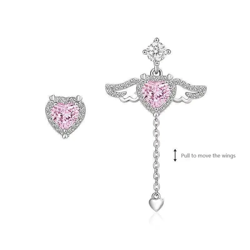 Sweet Chic Pink Crystal Cupid Heart Wings Earrings