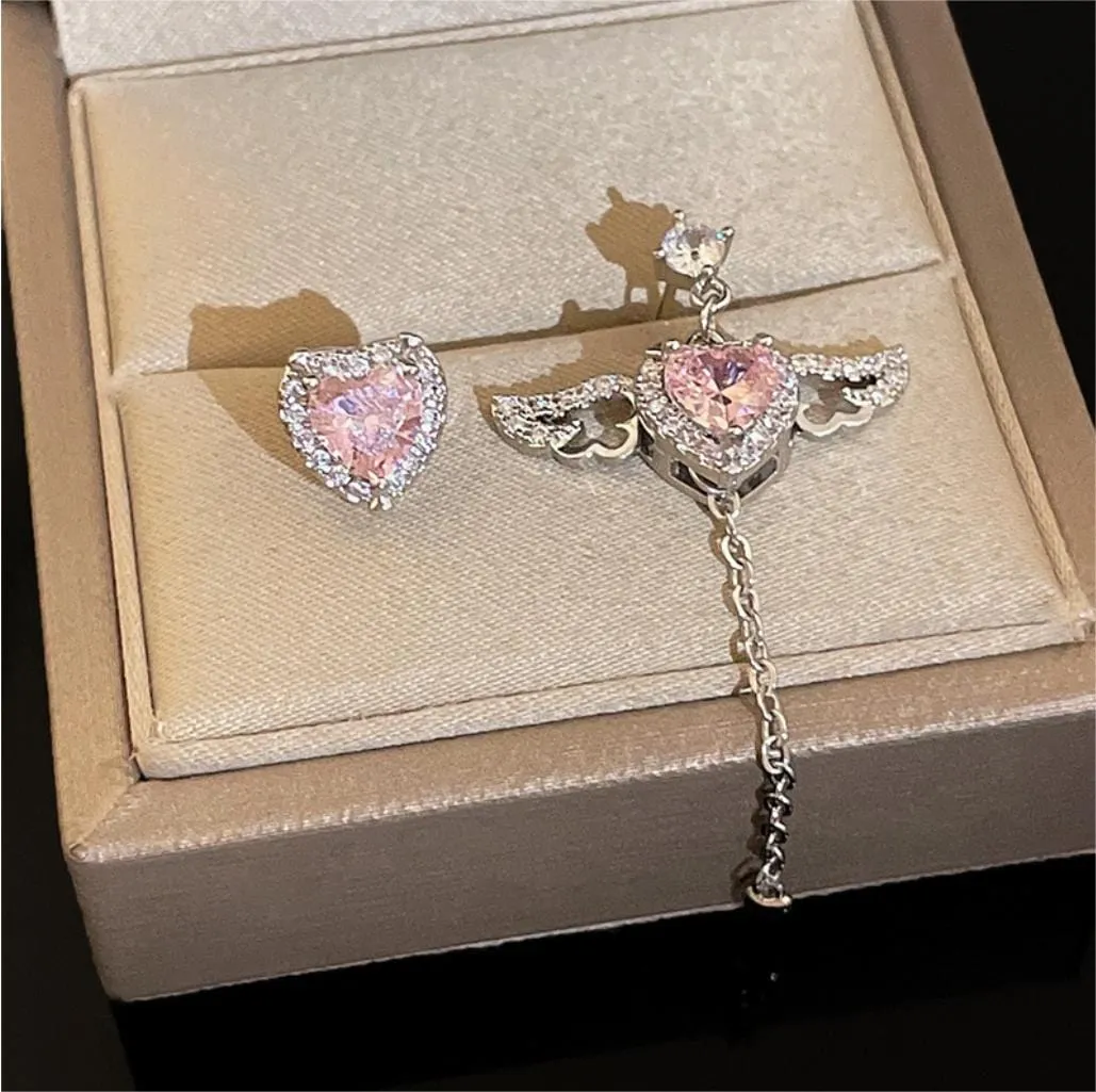 Sweet Chic Pink Crystal Cupid Heart Wings Earrings