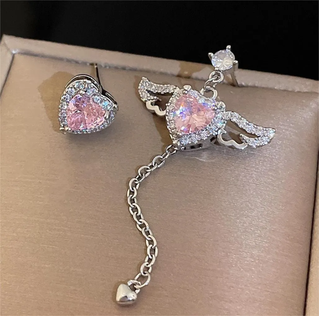 Sweet Chic Pink Crystal Cupid Heart Wings Earrings