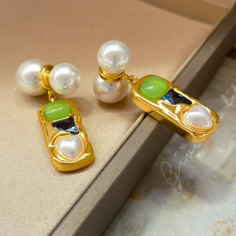 VAIGE Elegant Green and Blue Laila Pearl Dangle Gold Earrings