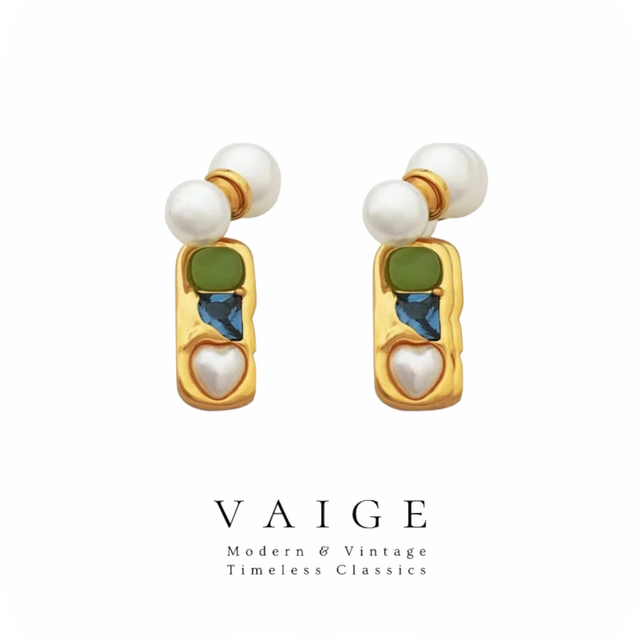 VAIGE Elegant Green and Blue Laila Pearl Dangle Gold Earrings