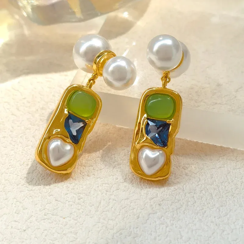 VAIGE Elegant Green and Blue Laila Pearl Dangle Gold Earrings