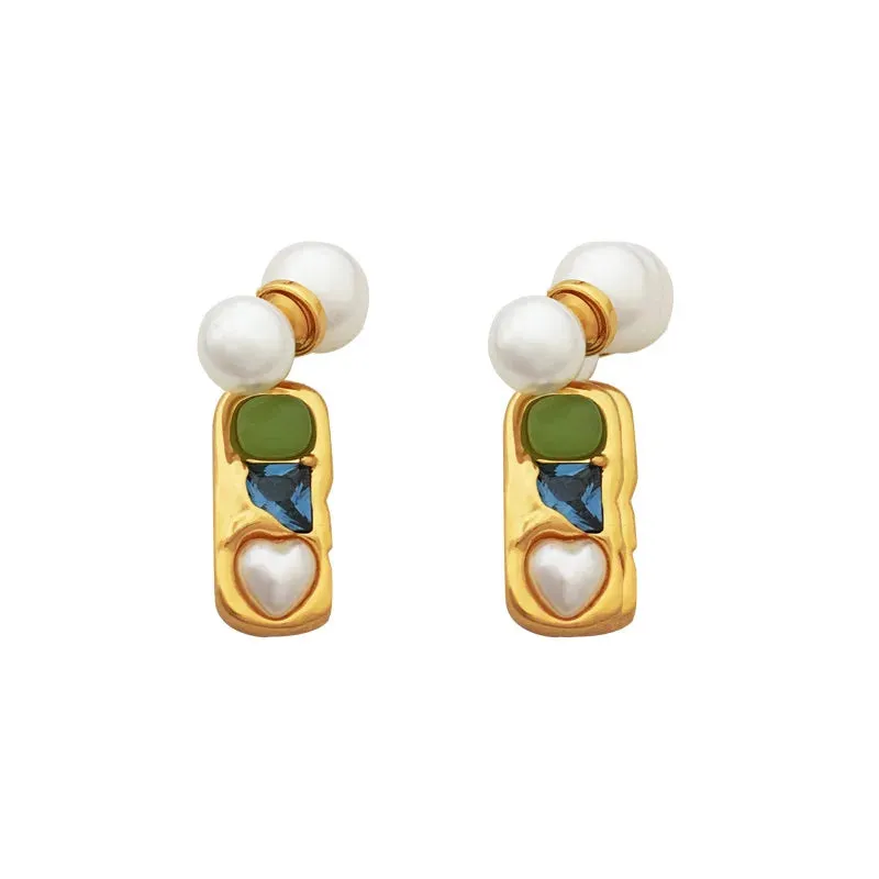 VAIGE Elegant Green and Blue Laila Pearl Dangle Gold Earrings