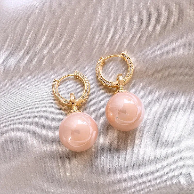 VAIGE Geometric Round Zircon and Pink Pearl Drop Earrings - Fashionable Copper Alloy Jewelry for Stylish Looks