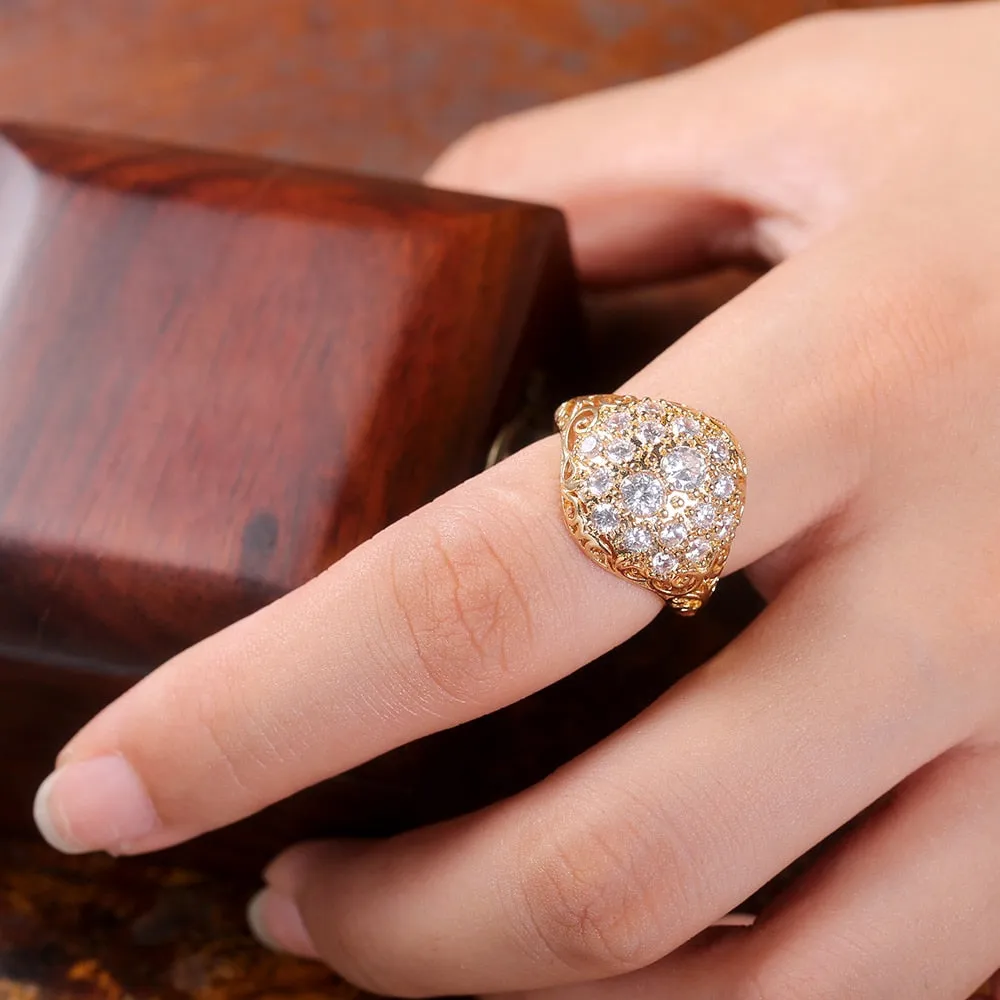 Victorian Jewelry Gorgeous Hollow Cocktail Rings with Zircon for Women in Gold Color