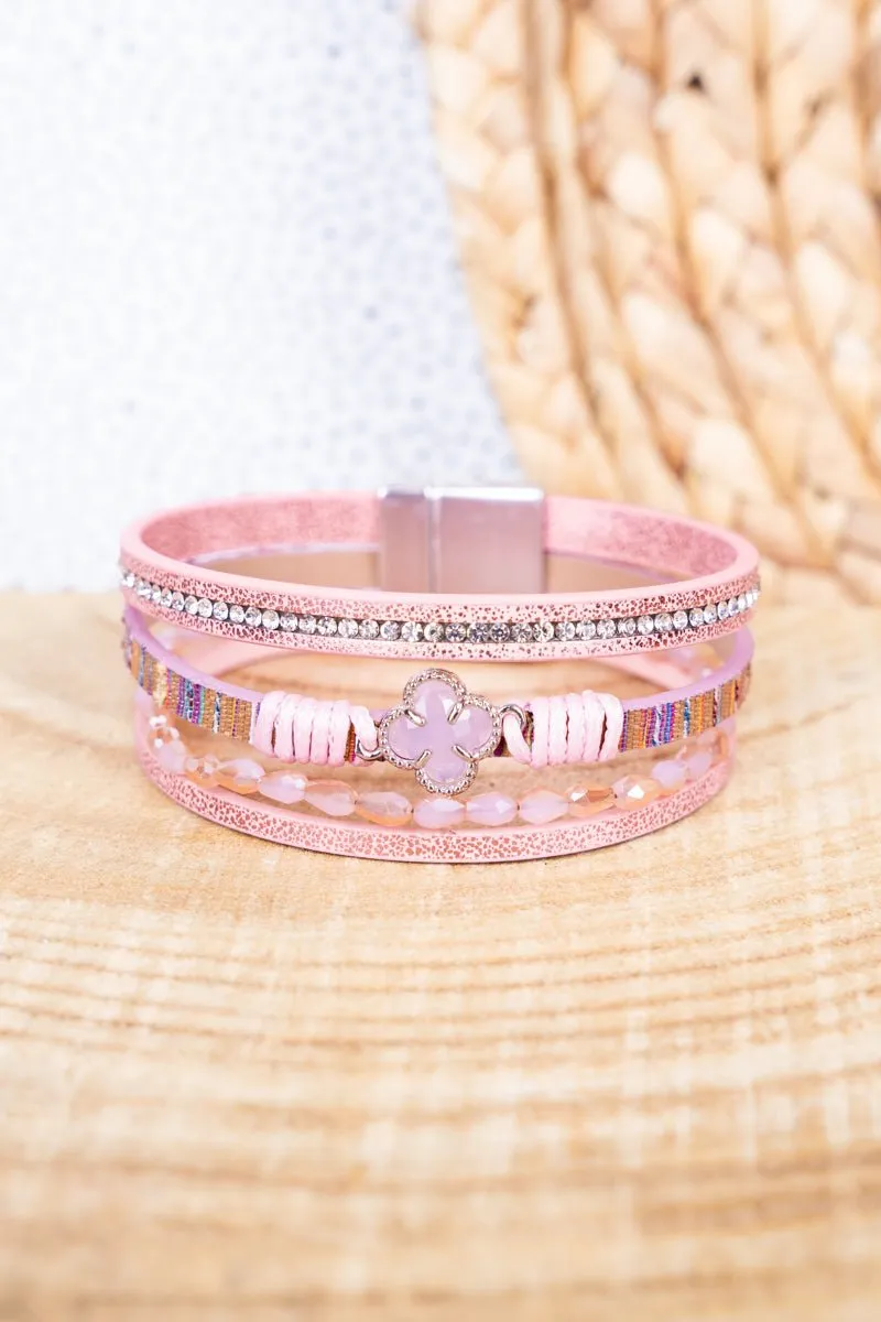 Viola Pink Clover Goldtone Multi-Strand Magnetic Bracelet