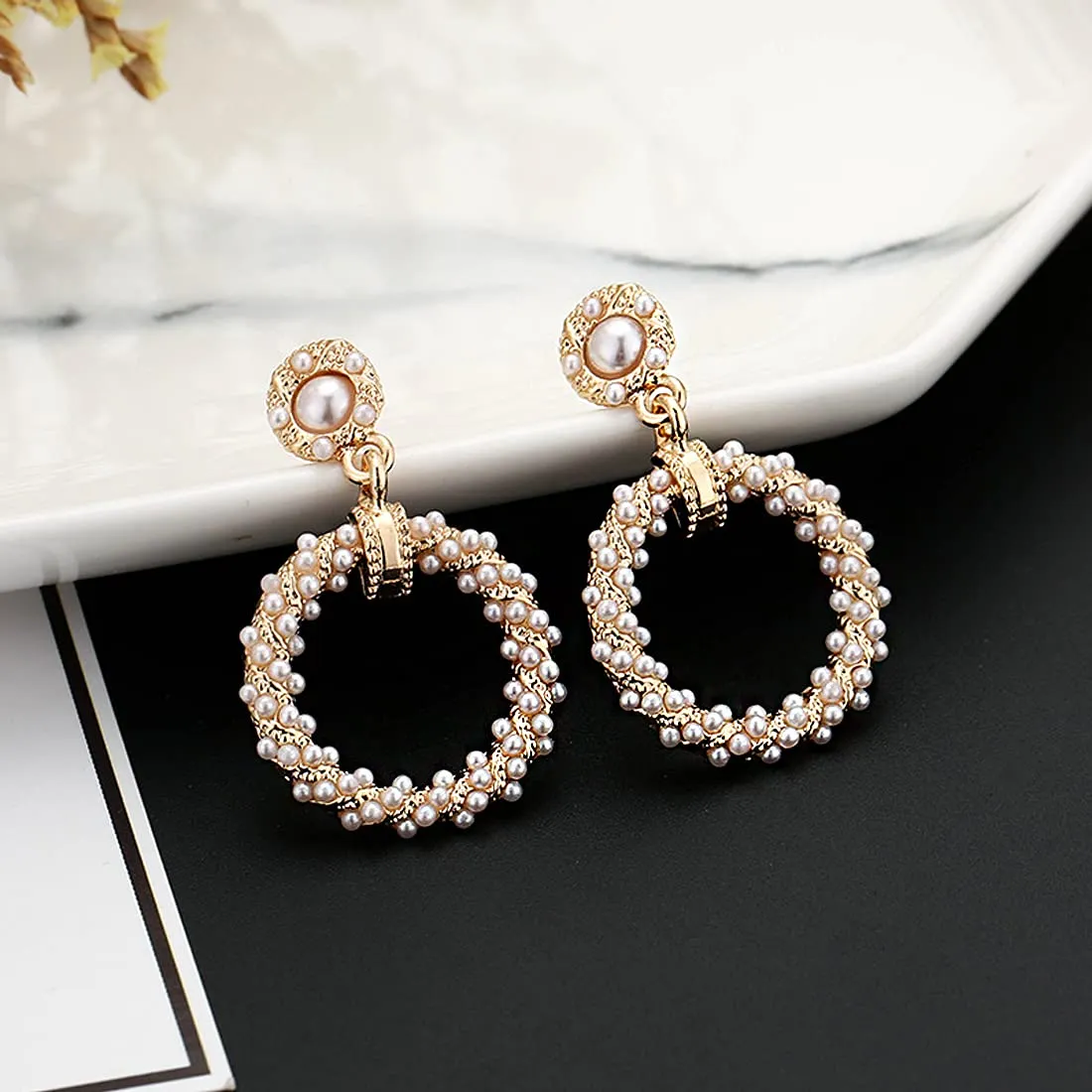 Yellow Chimes Elegant Latest Fashion Silver Plated White Floral Crystal designer Alloy Base Metal Drop Earrings (Design 7)